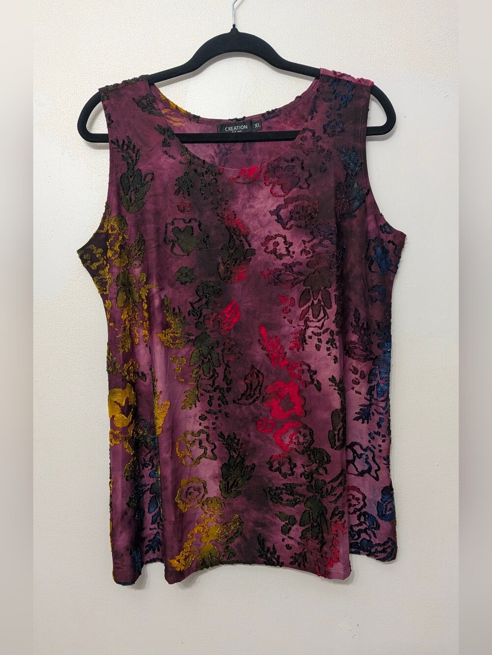 Y2K BOHO Sleeveless Floral Velvet Burnout Tank - Wine Multi CREATION XL